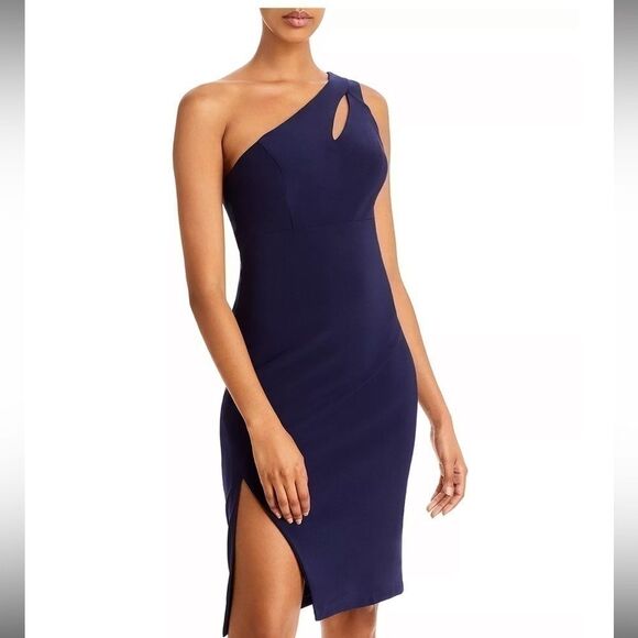 AQUA One Shoulder Keyhole Cocktail Dress - 100% Exclusive Size 6 Navy - Picture 4 of 10
